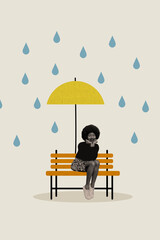 Collage 3d pinup pop retro sketch image of happy smiling lady sitting bench under parasol isolated beige color background © deagreez
