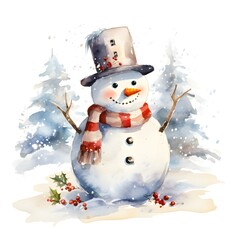 Winter festive background with a snowman in a hat and a scarf. The character holds Christmas tree decorations cartoon  