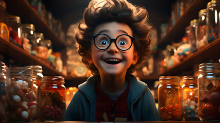 Wide-eyed excited young boy at the counter in a candy shop staring with wonder - obrazy, fototapety, plakaty