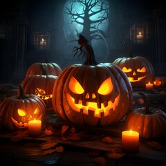 Halloween pumpkin patch in the moonlight. Jack O Lantern party. Horizontal banner.