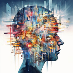 A conceptual image of a human head with a transparent section, revealing a busy and vibrant cityscape inside. Mental Health Awareness.