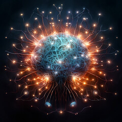 A representation of the human brain in action. Intricate neural pathways light up with vibrant colors symbolizing the complex and dynamic processes of thought, creativity, and problem-solving. AI