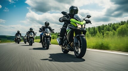 A group of motorcyclists ride sports bikes at fast speeds on an empty road against a beautiful...