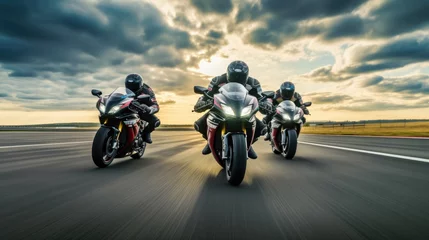 Poster Im Rahmen A group of motorcyclists ride sports bikes at fast speeds on an empty road against a beautiful cloudy sky. © somchai20162516