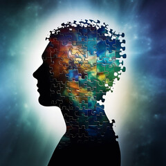 Picture a Mental Health Awareness image of a person's silhouette with a jigsaw puzzle pattern within. mental health, personality disorder, Created using generative AI