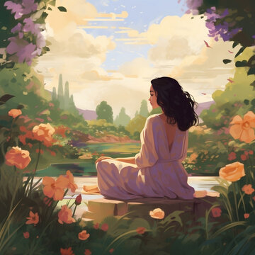 A person sits, surrounded by blooming flowers and lush greenery. Mental Health Awareness. Created using generative AI