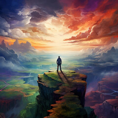 A Mental Health Awareness image featuring a person standing on the edge of a cliff, looking out at a vast, colorful landscape, Created using generative AI