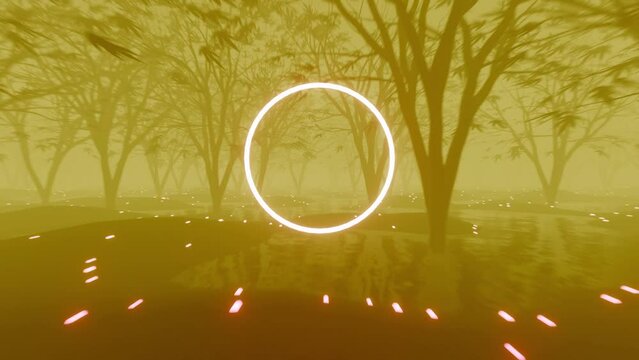 VJ Loop flight through a gloomy foggy fairy forest. Circle in the middle with a place for text. Seamless loop video perfect for VJ thematic sets and festivals, rave parties