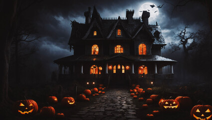 horror halloween background with house and pumpkin