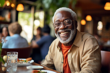 Happy elderly afro american man sitting at table