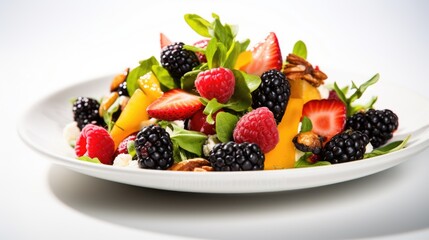Fresh fruit salad with strawberries, raspberries, blueberries, blackberries and walnuts