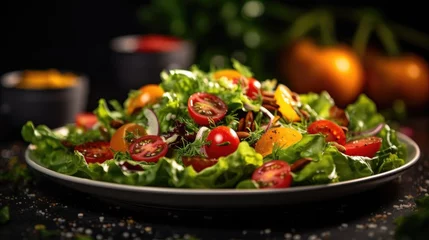 Poster Fresh salad with cherry tomatoes, cucumbers and red onion on black background. Mixed salat closeup. © TheoTheWizard