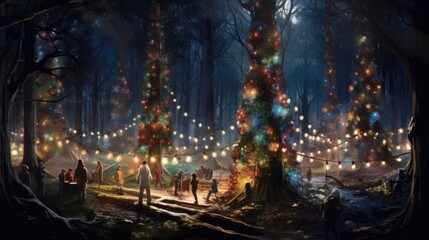 people decorating trees with ornaments, ribbons, and lights in a park 