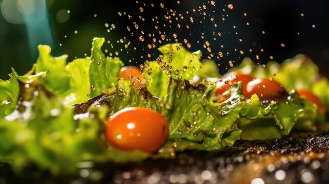 Fresh salad with avocado, cherry tomatoes and sesame seeds on black background