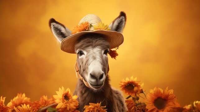 Humorous close up portrait of a donkey wearing vintage straw hat with flowers. Brown floral background with copy space