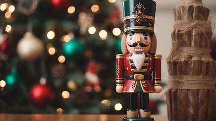 Close up of a Christmas nutcracker. Toy Soldier. Christmas copyspace background