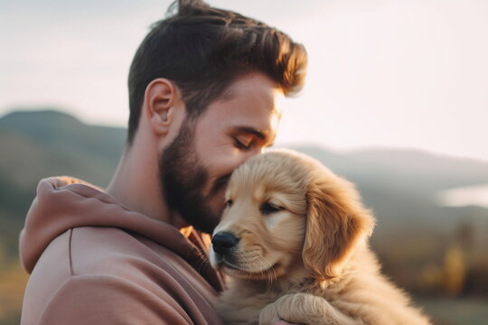Portrait of a handsome young man sitting outdoors and hugging his beautiful golden retriever looking very happy - Powered by Adobe