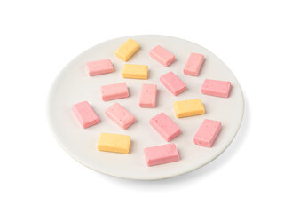 Fruit Chews Isolated, Pink Chewable Candies, Fruit Chew Candy Pile, Square Taffy, Colorful Gummy Candies