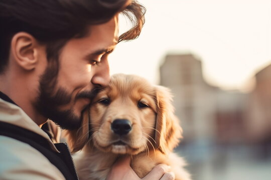 Portrait of a handsome young man sitting outdoors and hugging his beautiful golden retriever looking very happy