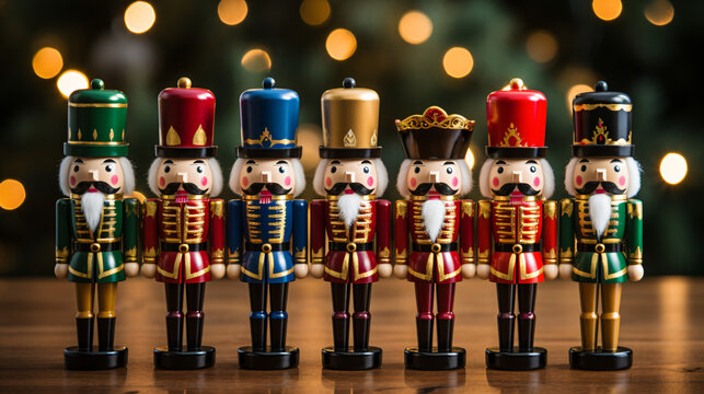 Close up of a group of christmas nutcrackers. Toy Soldiers army. Christmas copyspace background