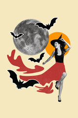 Vertical composite creative photo collage of good mood laughing witch fly with bets at halloween...