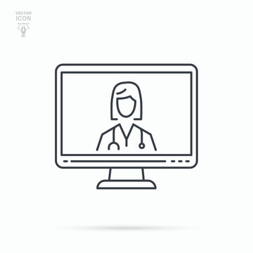 Virtual Female Doctor Line Icon. Online Digital Medicine. Telemedicine, Virtual Medicine Service.