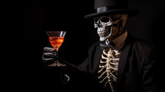 Halloween skeleton standing holding a whiskey glass on black background.