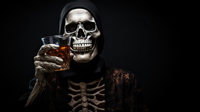 Halloween skeleton standing holding a whiskey glass on black background.