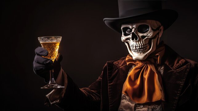 Halloween skeleton standing holding a whiskey glass on black background.