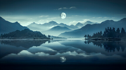 Panoramic view of the lake at night with forest, mountains, moon and fog. The concept of nature, care for the environment and your tranquility and relaxation
