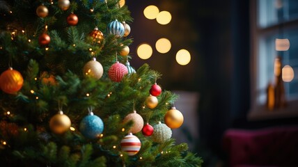 Fototapeta na wymiar Christmas tree with balls close-ups in the room, fairy-tale night. Generative AI
