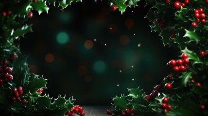 Christmas decoration with holly leaves, branches and red berries on a dark blurred background. Generative AI