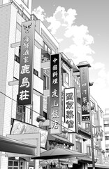 漫画風ペン画イラスト　アジア風_中華街