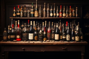 Wine enthusiast's collection of vintage wine bottles in a cellar, Generative AI