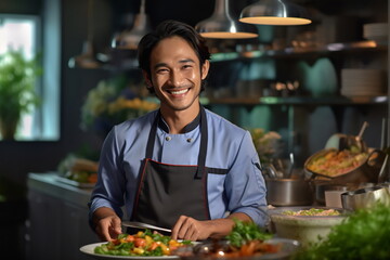 A famous filipino chef works in a big restaurant kitchen - obrazy, fototapety, plakaty