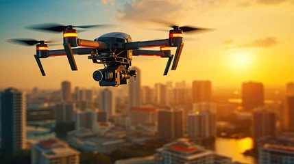 Cercles muraux Etats Unis Innovation photography concept. Silhouette drone Flying over San-Francisco city on blurred background. Heavy lift drone photographing city at sunset