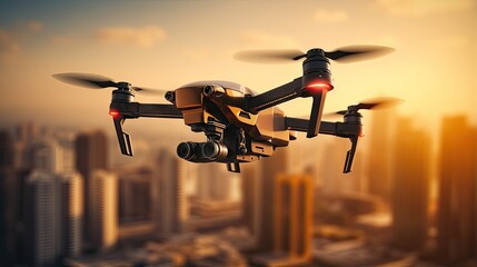 Innovation photography concept. Silhouette drone Flying over San-Francisco city on blurred...