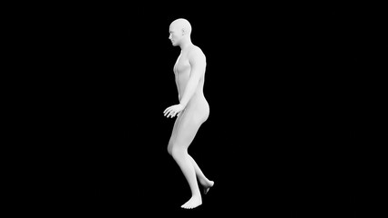 Fototapeta na wymiar Beautiful young athletic man dancing energetically in hip hop style, isolated on black background. 3d illustration. Shiny white mannequin, android.