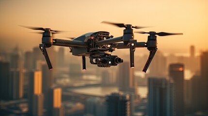 Innovation photography concept. Silhouette drone Flying over San-Francisco city on blurred...