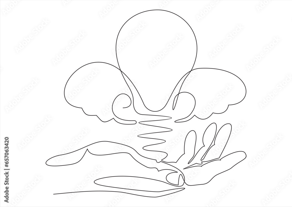 Poster lightbulb on hand one continuous line drawing. electric lamp. brainstorm linear symbol. vector isola