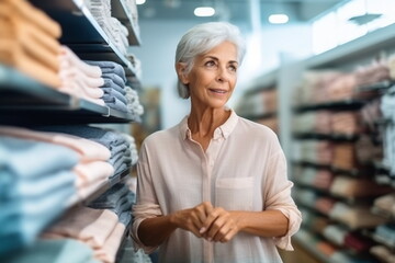 Portrait of middle-aged woman choosing new items in the mall - obrazy, fototapety, plakaty