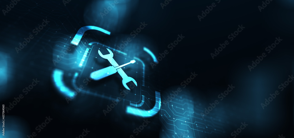 Poster Support button on virtual screen. Customer service and communication concept.