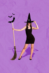 Vertical collage image of mystic gorgeous sorcerer girl hold broom touch headwear flying bats...