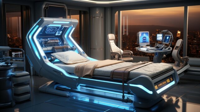 Futuristic healthcare equipment illuminates an empty hospital ward.