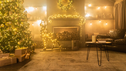 Christmas holiday decor with tree deer fireplace and fairy lights at home. Festive garlands illuminate living room prepared for Xmas celebration. Cozy winter season and domestic life