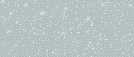Falling snowflakes in transparent beauty, delicate and small, isolated on a clear background. Snowflake elements, snowy backdrop. Vector illustration of intense snowfall, snowflakes. - obrazy, fototapety, plakaty