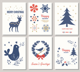 Fototapeta na wymiar Merry Christmas and Happy Holidays card templates with New Year tree, deer, snowflakes, dove, bird and wreath. Vector illustration.