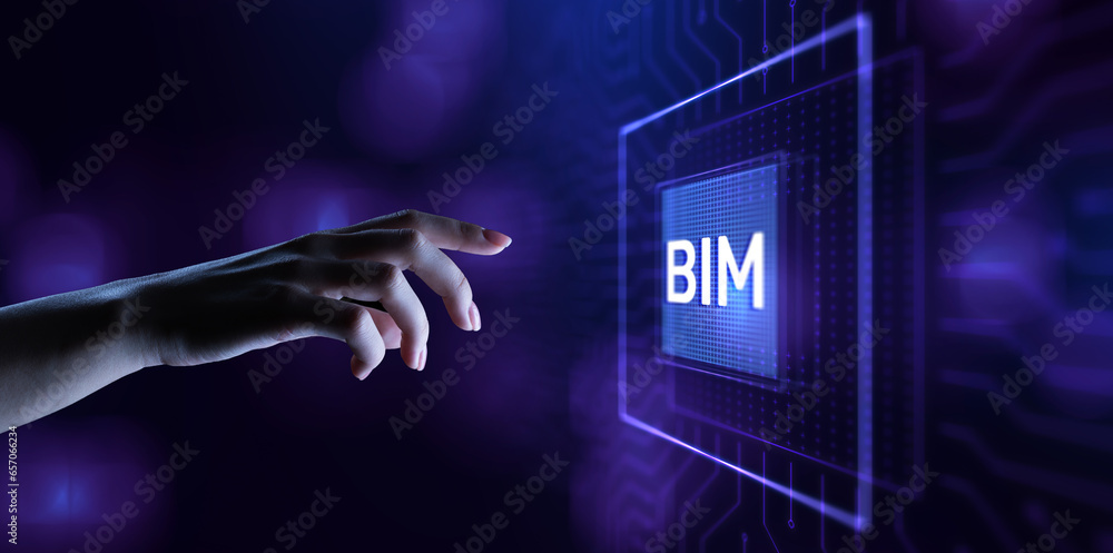 Aufkleber bim building information modeling technology concept on virtual screen.