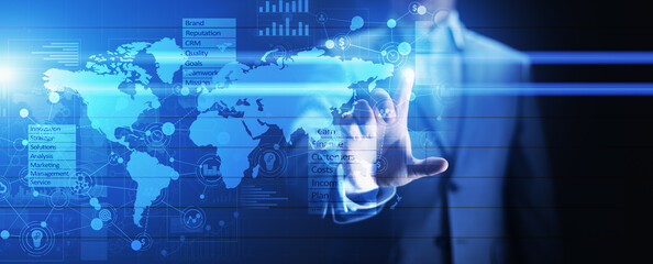 Business and marketing strategy dashboard, Data analysis control panel on virtual screen.