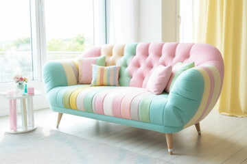Modern pink sofa in mint green pink yellow colors. Minimal style concept. Pastel color style